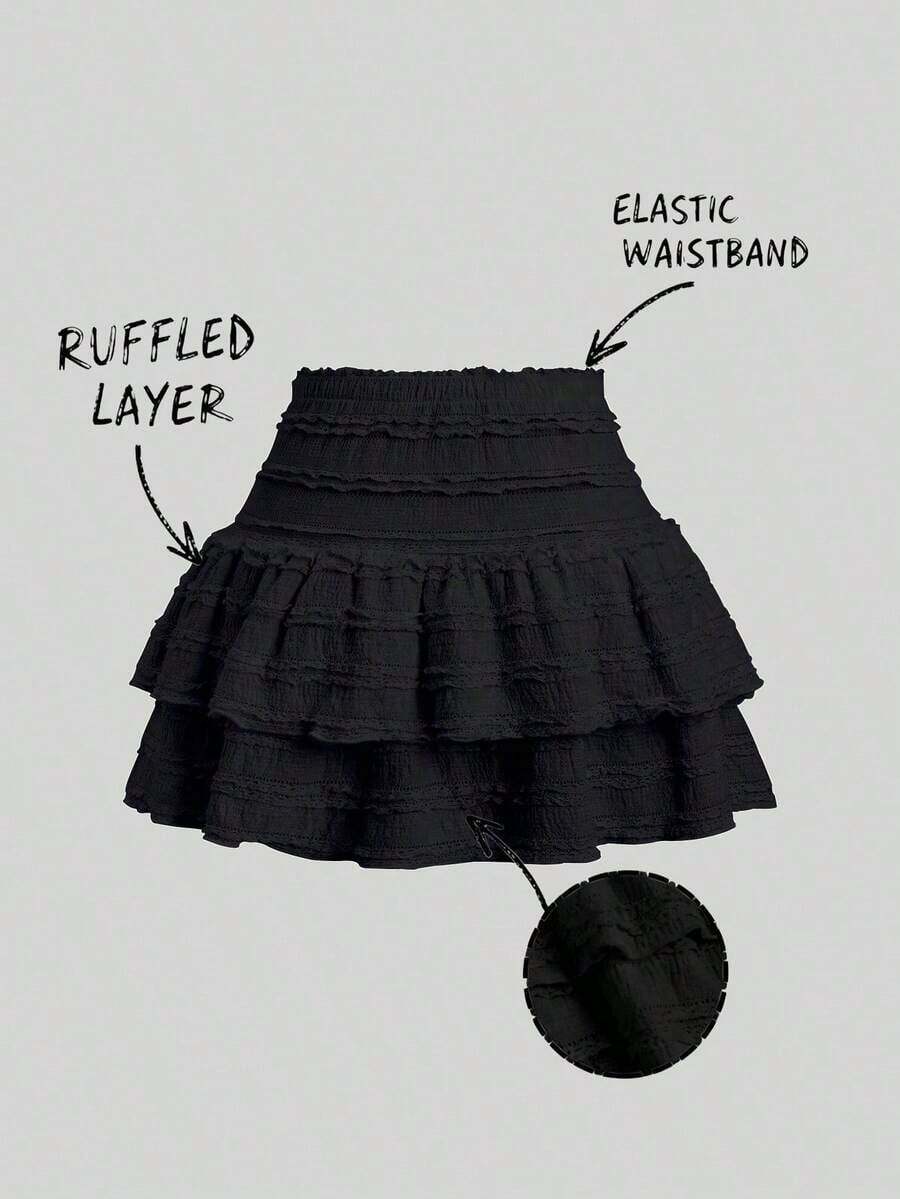 Falda mini casual y de resort Y2K con dobladillo de doble capa y ribete de volantes de unicolor - Negro - Ver 1