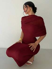 Vestido ajustado con cuello de volantes, cintura plisada y asimétrico, color amarillo sólido elegante y romántico.Atuendo para playa, aeropuerto, vacaciones y maestros. - Burdeos - Ver 6