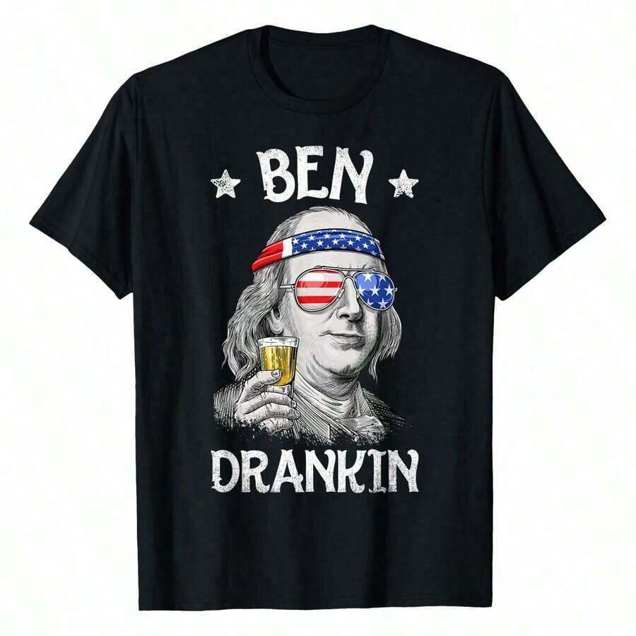 Camiseta de hombre Ben Drankin 4 de Julio con la bandera de EE. UU., 100% algodón, suave y transpirable, de manga corta, perfecta para uso diario, actividades al aire libre, trabajo y deportes, cómoda para usar todo el día. - Negro - Ver 1