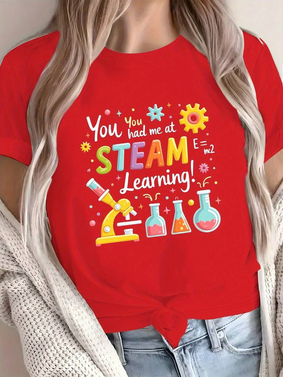 Comfortable Solid Color T-Shirt For Women With The STEAM Learning Science Icon. - Red - View 1