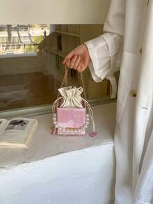 Mini Pleated Drawstring Box, Acrylic, Fashion Drawstring Pouch, Pearl Handbag - Pink - View 8