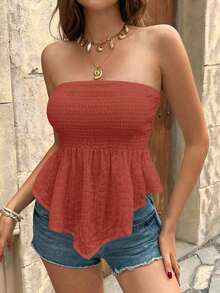 Strapless Solid-Color Bandeau Top With Ruffled Hem, Perfect For Vacation - Redwood - View 3