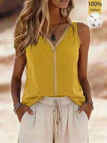 Zayélia Top de mujer de cuello en V, casual, cómodo, de vacaciones, de campo, relajado, de textura suave - Amarillo - Ver 1