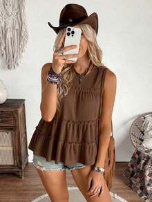 Chaleco holgado de mujer con cuello redondo y ribete de volantes en unicolor, adecuado para vacaciones, oficina, uso diario, estilo occidental, estilo bohemio, babydoll - Negro - Ver 8