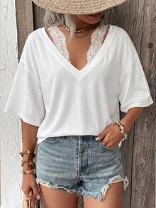 Women's High Elasticity Deep V-Neck Loose Half Sleeve T-Shirt, Basic Style Regular Length Top - White - View 3