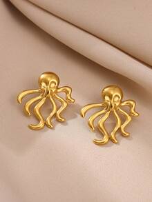 Vintage Stainless Steel Big Coral Earrings,18K Gold Plated Octopus Stud Earrings, Marine Life Jewelry Ocean Beach Daily Wear Vacation Accessory - 1 - View 5