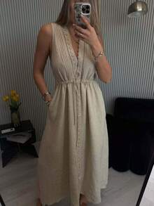 Vestido largo sin mangas vacacional, escote V profundo sexy, diseño de botones simples y cintura marcada - Albaricoque - Ver 5