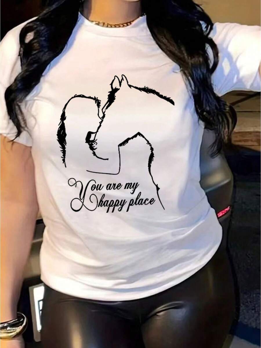 Women's 180g Cotton Equestrian-Themed T-Shirt - "You Are My Happy Place" Design For Horse Lovers, Lightweight, Short-Sleeved, Crew Neck, Machine Washable, Casual Top For Spring, Summer, And Autumn. Comfortable And Versatile, Suitable For All Seasons. Can Be Worn As A Base Layer In Spring And Autumn Or On Its Own In Summer. Unisex Style, City Boy-Style Thick Cotton Top. - 白色 - 查看 1