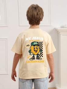 Tween Boy-Cartoon Print T-Shirt, Suitable For Boys Outdoor Sports, Boys Spring/Summer Casual Versatile Top - Apricot - View 4