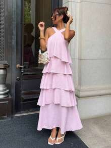 Vestido sin mangas con volantes en el bajo para mujeres, vestidos de verano para mujeres - Rosa - Ver 3