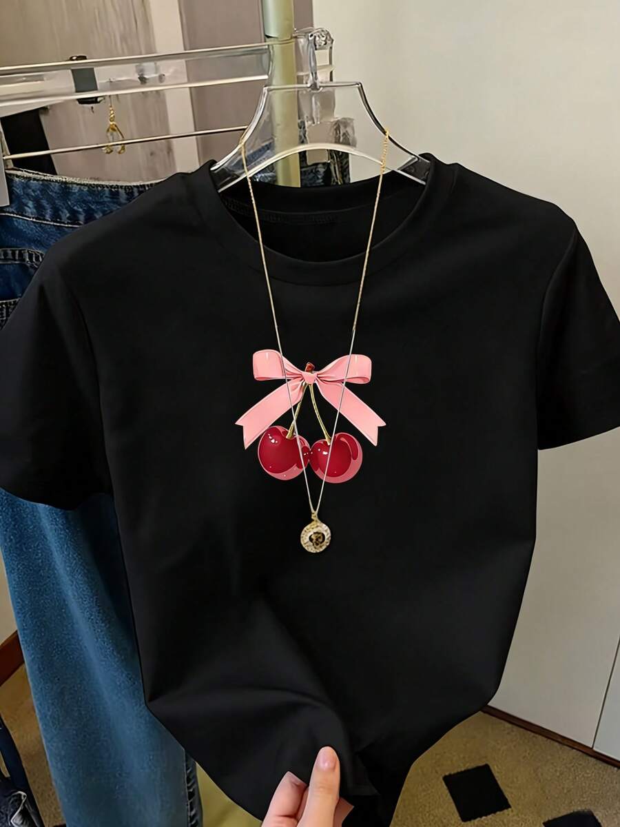 Women's Short Sleeve T-Shirt With Pink Cherry Print And Geometric Pattern Y2K - 黑色 - 查看 1