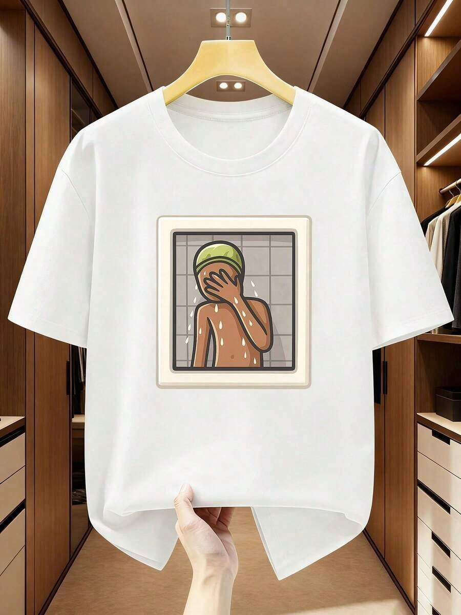 Men's Custom T-Shirt, Men's Short-Sleeved T-Shirt With Cartoon Character Print, Casual Top. Comfortable Short-Sleeved T-Shirt For Summer. - 白色 - 查看 1