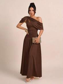 abyoxi Vestido ajustado y acampanado con pliegues en la cintura en color marrón, elegante y de moda, adecuado para fiestas, citas, vacaciones, bodas, ocasiones formales, banquetes, Día del Maestro, Día de la Madre, ceremonias de graduación, vestido largo elástico y ajustado para primavera y verano - Marrón - Ver 5