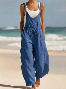 Women's Summer Jumpsuit, Spring/Summer Ladies' Romper, Suitable For Vacation/Casual/Home/Daily Wear, Solid Color Button Waist Drawstring Design Ladies' Bib Pants, Women's Vacation Outfit - Blue - View 8