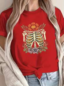 1 Piece Of Women's Solid Color T-Shirt, Artistic Bustier And Floral Design, Comfortable Fit, Short Sleeves, Round Neck - Casual Style, Machine Washable, 180g 100% Cotton. - 黑色 - 查看 7