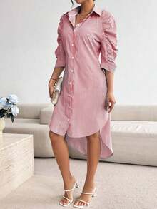 Vestido de camisa casual con pliegues y mangas 3/4 a rayas para mujer, atuendo maxi para primavera/verano - Rojo - Ver 5