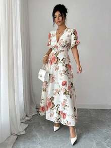 Vestido de mujer con estampado floral, cuello en V profundo, manga corta fruncida - Multicolor - Ver 8