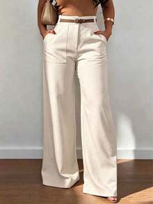 Pantalones casuales de cintura alta y pierna recta de unicolor para mujer, primavera - Albaricoque - Ver 3