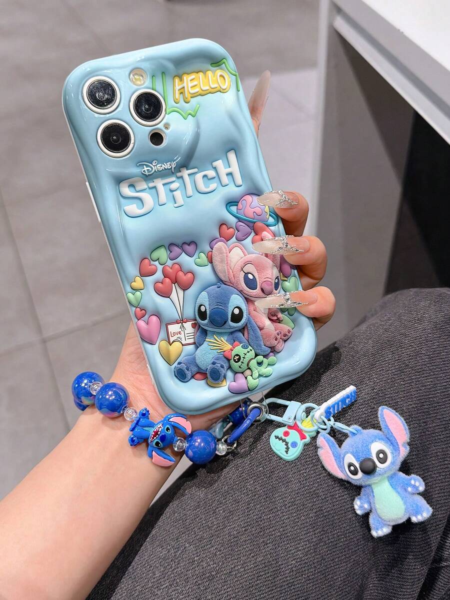 Disney Has Authorized, Phone Case - Chain Set, The Stitch Lilo & Stitch 3D Phone Case Plus A Silicone 3D Stitch Bracelet With Metallic Ring Removable Bracelet, Stitch And Angel Pattern, Compatible With Iphone17/16/15/14/13/12/11/XS/XR/X Plus Pro Max, A Stylish Cartoon Phone Case, The Perfect Gift Choice, Phone Protection, Durable Phone Cover, Great Gift For Friends And Family. - trắng - Xem 1