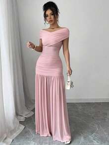 xheSelianne Vestido largo elegante plisado de un solo color con hombros descubiertos para mujerxhe - Rosa - Ver 5