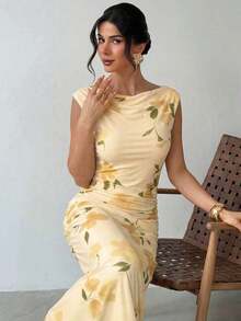 xheFirerie Vestido maxi elegante y casual para vacaciones y citas románticas, con estampado floral de malla amarilla y rosa, cuello barco, volantes sin mangas y espalda descubierta, vestido ajustado adecuado para tomar el té por la tarde, fiestas al aire libre y vacaciones de ocioxhe - Multicolor 2 - Ver 7