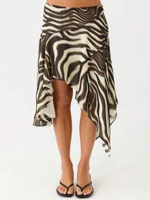 Asymmetrical Chiffon Midi Skirts, Floral/Animal Print Flowy Handkerchief Hem Skirts, Casual Summer Beach Cover Up - màu nâu cà phê - Xem 11