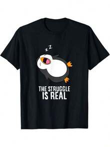 Men's T-Shirt With A Tired Penguin Design And Lazy Penguin Theme: The Fight Is Real - 黑色 - 查看 1