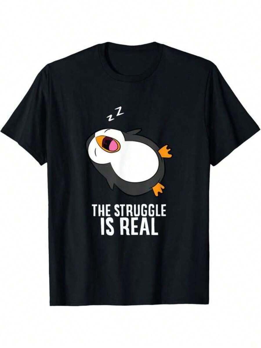 Men's T-Shirt With A Tired Penguin Design And Lazy Penguin Theme: The Fight Is Real - 黑色 - 查看 1