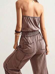 SUN Women's Knit Jumpsuit With Pockets And Adjustable Drawstring - 鏽棕色 - 查看 11
