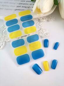 1 Sheet Retro Blue & Yellow Color Block Nail Stickers, Muted Blue And Bright Mustard Yellow Color Combination Design, Full Coverage Nail Stickers With Effortless American Vintage Vibe, Suitable For Creating INS, Y2K Baddie Nails For Music Festivals, Street Style, And Vacation - Multicolor - View 6