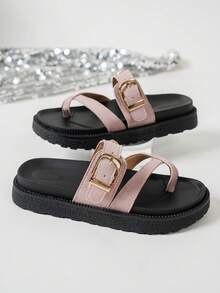 Nuevas sandalias de plataforma con hebilla de metal decorativa, cómodas y versátiles para uso diario - Terciopelo rosa - Ver 6