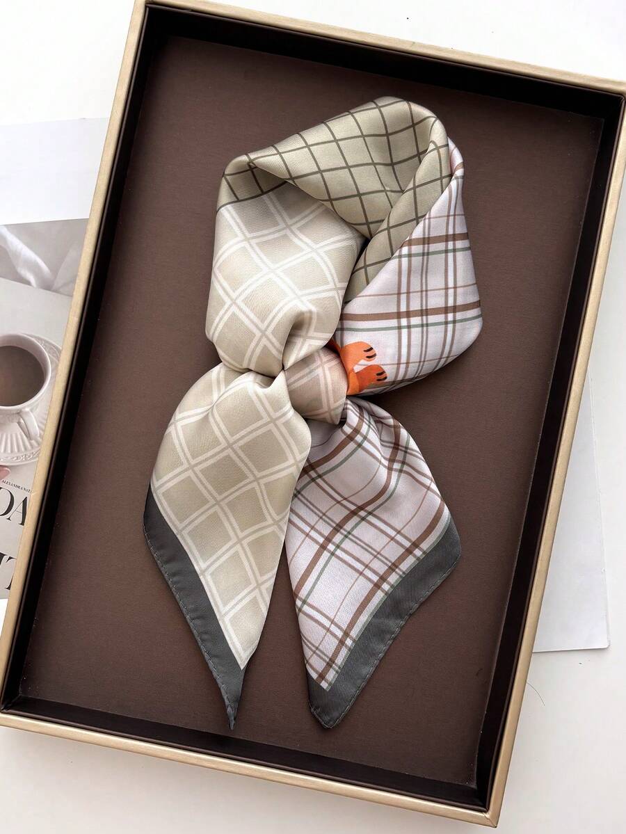 1pc Women Satin Bandana Scarf Square Solid Color Head Wrap - Beige Gray - View 1
