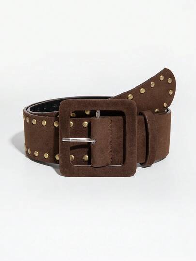 1pc Women's Brown Suede Punk Style Studded Buckle Leather Belt