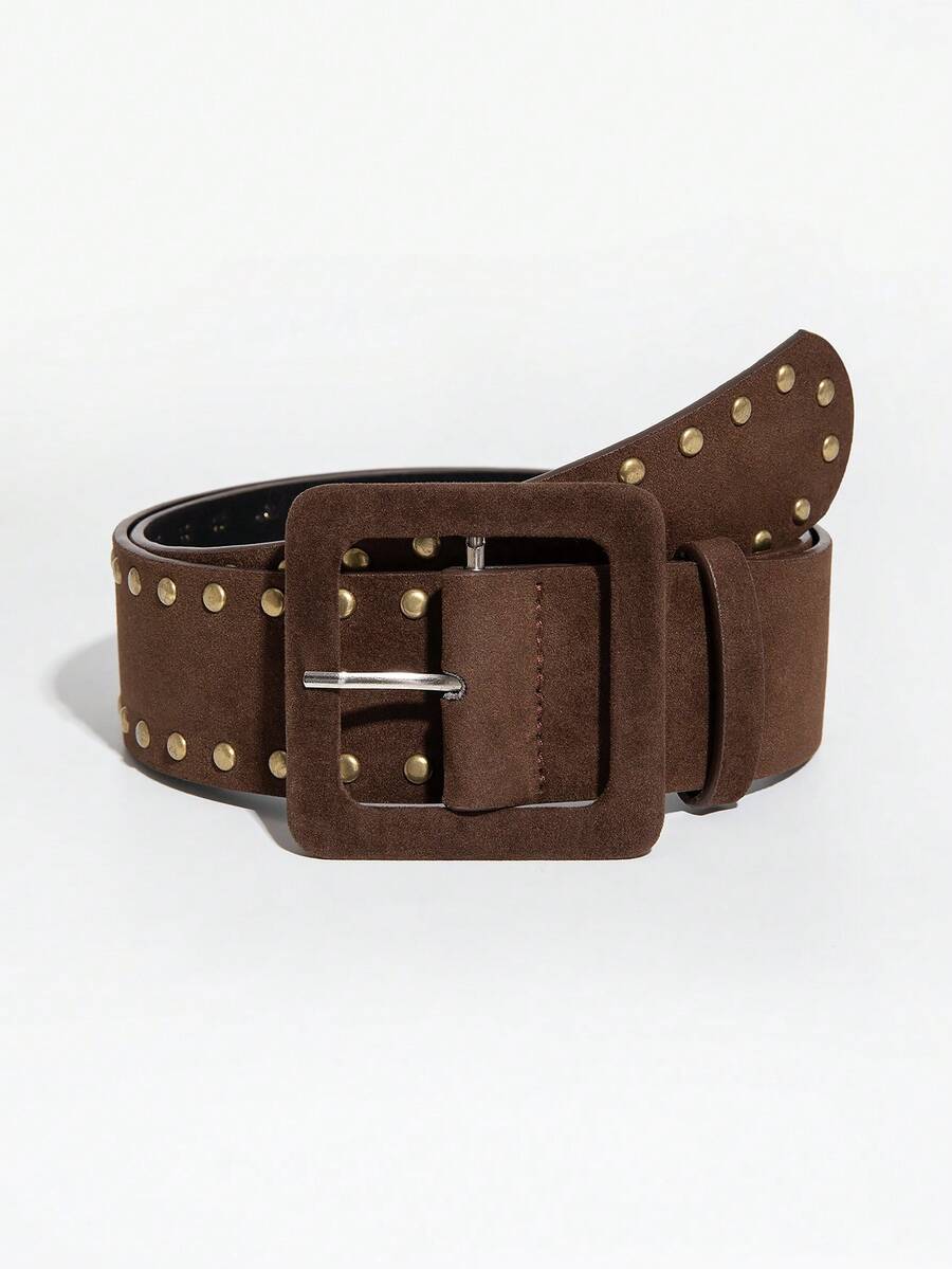 1pc Women's Brown Suede Punk Style Studded Buckle Leather Belt - Brown - View 1