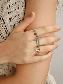Nocturel Set de anillos con forma de estrella de mar y conchas de mar de estilo marino en azul - Vida marina - Ver 5
