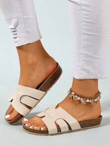 Ximi Ruo Dép lê đế dày mới thương hiệu mùa xuân/hè làm từ vỏ trấu, dép sandal nữ thời trang hot trend phong cách casual, dép lê xỏ chân kiểu La Mã, dép lê đen dáng rộng thoải mái cho mùa hè - Màu be - Xem 3