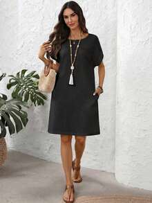 Vestido corto de mujer con cuello redondo y manga corta con estampado de líneas - Negro - Ver 9