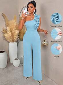 AIJ Conjunto de fiesta para mujer Amarilo: Pantalones acampanados de pierna ancha con cinturón y un hombro con volantes, adecuado para salidas, citas, reuniones, cenas y fiestas de cóctel, unicolor - Azul - Ver 3