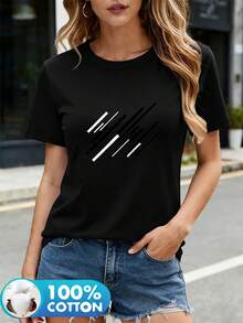 100% Cotton. Summer T-Shirt. 1pac2026 New Women's T-Shirt With Round Neck And Short Sleeves, Featuring A Black And White Diagonal Geometric Pattern Print. 100% Pure Cotton. Vintage Style. Soft And Comfortable. Loose And Simple. Casual Summer Style. - 黑色 - 查看 7