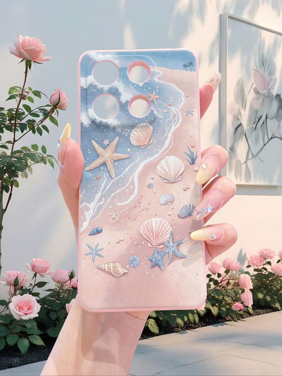 1 peça Capa protetora de telemóvel à moda em material TPU puro Android, rosa, com borda reta, padrão de praia & oceano, à prova de choques, compatível com Samsung, Poco e outros modelos, escolha ideal para entusiastas da moda com design minimalista e elegante - Rosa - Ver 1