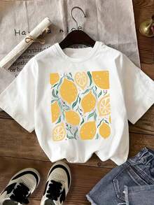 New Fashion Short Sleeve Round Neck T-Shirt For Girls, With Fun Lemon Pattern Print, A Must-Have For Kids' Spring And Summer Shopping. - 白色 - 查看 1