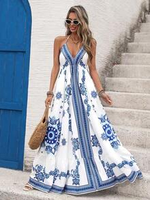 Holidaya Vestido de verano sin espalda con tirantes y estampado de tótem azul y blanco de estilo tropical para mujer, vestido de playa de primavera/verano, vestido de vacaciones de verano, vestido bohemio de verano, vestido azul y blanco para mujer, vestido de sol para mujer, ropa de mujer bohemia, vestido bohemio sin mangas con cuello halter y estampado aleatorio y volante en el bajo para mujer - Verde - Ver 11