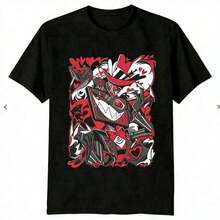 Hazbin Hotels Alastor X Charlie Couple T-Shirt, Anime Fanart Print Casual Tee. Suitable As A Gift. Women's T-Shirt. Elegant Blouses. Boho Chic. Soft, Breathable, And Comfortable Women's Top, Ideal For Spring, Summer, And Autumn, Perfect For Vacations, Travel, And Everyday Wear. - 黑色 15 - 查看 1