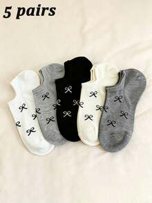 5/10 Pairs Women's Solid Color Bow Tie Boat Socks, Sweet & Comfortable Breathable Invisible Socks, Suitable For Daily Wear, Travel, Home, All Seasons - Multicolor - View 6