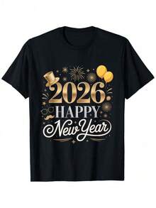 Happy New Year 2026 New Year's Eve Party Matching Family T-Shirt, Festive Celebration Clothes, Party Set, Short Sleeve T-Shirt, Crew Neck Design, Durable Construction, Washable Fabric, Holiday T-Shirt, Matching Group T-Shirt - 黑色 - 查看 1