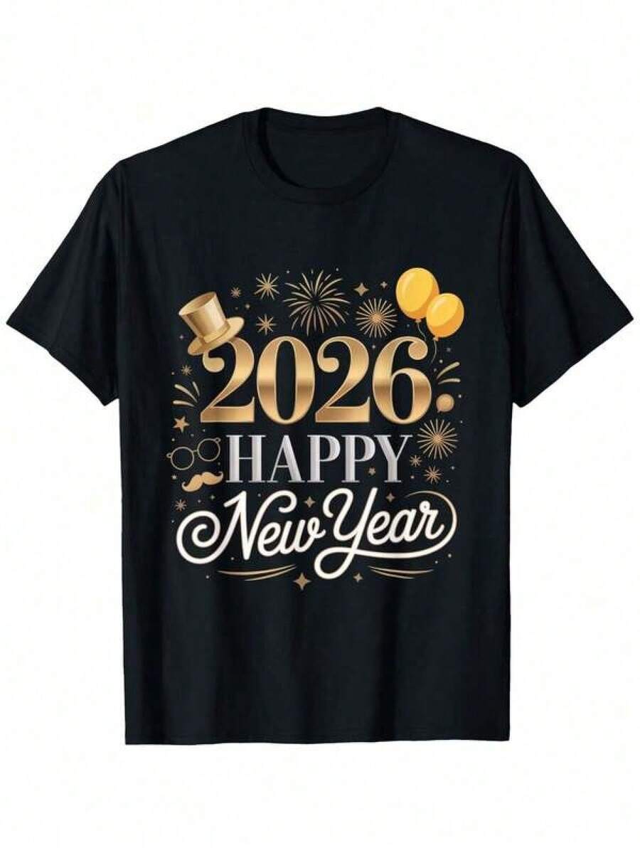 Happy New Year 2026 New Year's Eve Party Matching Family T-Shirt, Festive Celebration Clothes, Party Set, Short Sleeve T-Shirt, Crew Neck Design, Durable Construction, Washable Fabric, Holiday T-Shirt, Matching Group T-Shirt - 黑色 - 查看 1