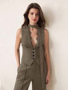 AYYBizChic Chaleco con cuello en V, recorte de encaje, parche delantero con botones y cintura con lazo, elegante para oficina y uso diario para mujeresAYY - Verde militar - Ver 5