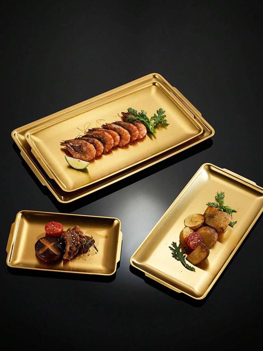 1件装不锈钢韩式烧烤盘,可作托盘、烤盘、食品盘、派对盘、甜点盘、蛋糕架、水果盘、小吃盘、厨房用品、圣诞礼物 - 金色 - 查看 1