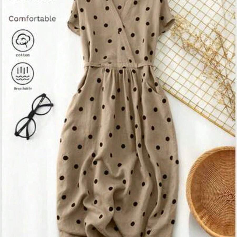 . . Vestido casual elegante y vintage con estampado de lunares, con bolsillos y lazo en la espalda. Silueta minimalista pero refinada de corte evasé con cintura anudada. Vestido versátil de estilo vintage chic para la oficina u ocasiones especiales. Ligero y bohemio con estilo de lunares para primavera/verano y vacaciones. - Caqui - Ver 1