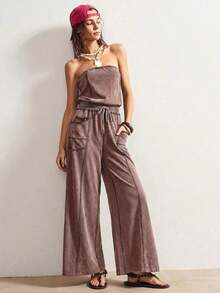 SUN Women's Knit Jumpsuit With Pockets And Adjustable Drawstring - 鏽棕色 - 查看 10